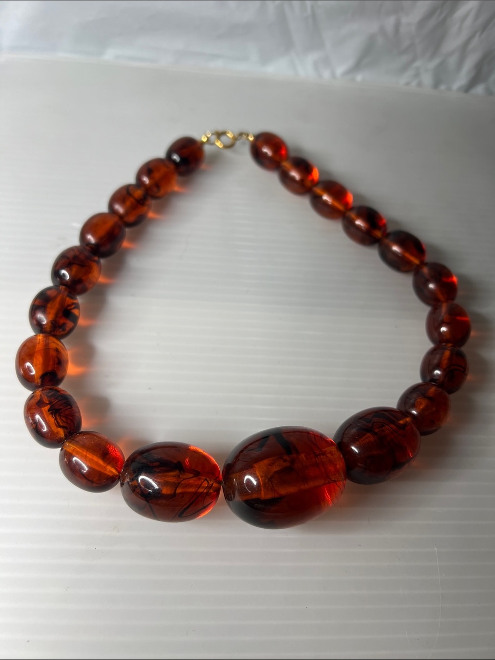 Lucite 16” Faux Amber Necklace Graduated Oval Beads